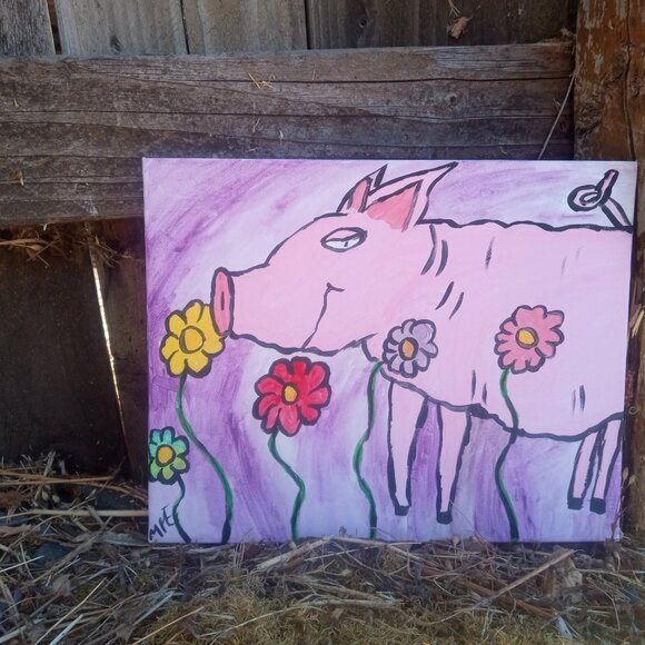 Pig In Flowers Folk Art Painting - Picture 14 of 15